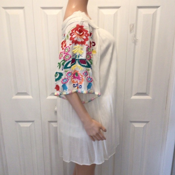 Judith March Boho Ivory Crinkle Floral Embroidered Half Sleeve Tunic Top Size L - Picture 4 of 9